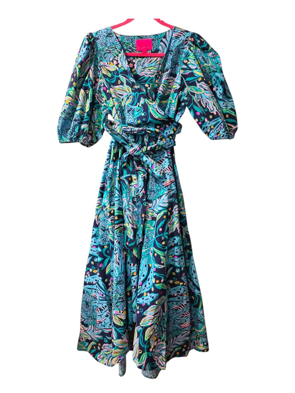 Lilly Pulitzer Size 16 Juney Puff Sleeve Faux Wrap Dress In Low Tide Navy Catty